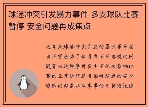 球迷冲突引发暴力事件 多支球队比赛暂停 安全问题再成焦点