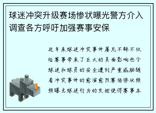 球迷冲突升级赛场惨状曝光警方介入调查各方呼吁加强赛事安保
